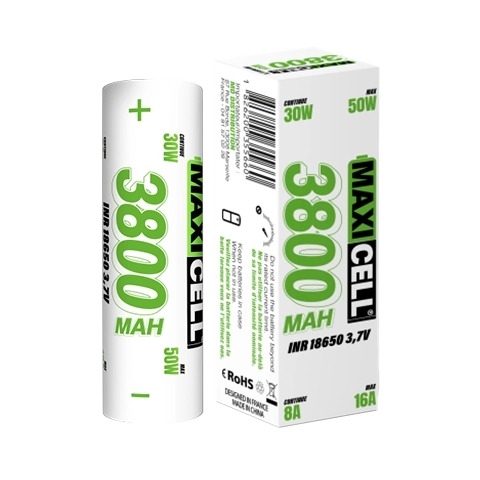 Maxi Cell 18650 battery in black, cylindrical shape, 20A discharge rate, 3800mAh capacity for high-performance devices