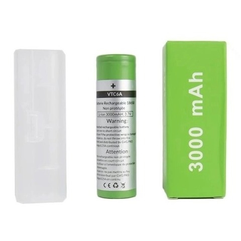 VTC6A 18650 battery in cylindrical shape, green color, 3000mAh capacity, 25A discharge rate, ideal for high-drain devices